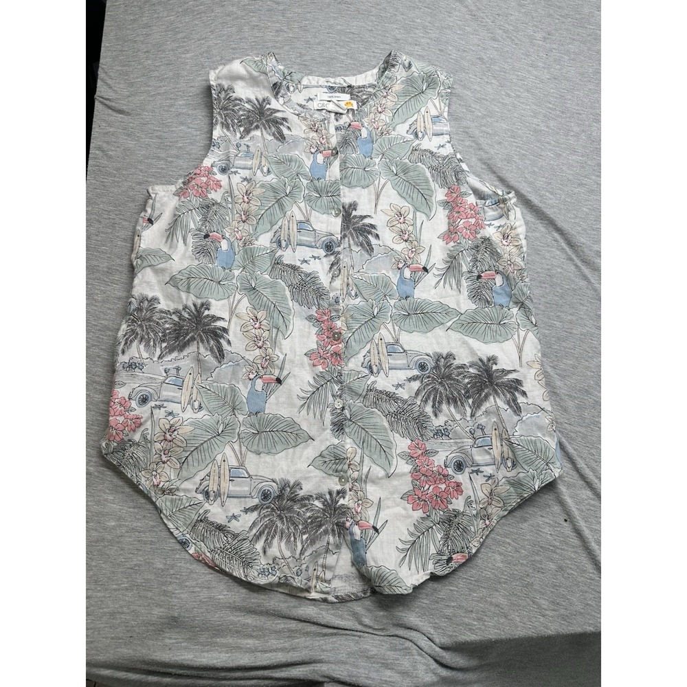 C&C CALIFORNIA 100% Linen Shirt Top Hawaiian Tropical Beach Palm Blouse Sz S